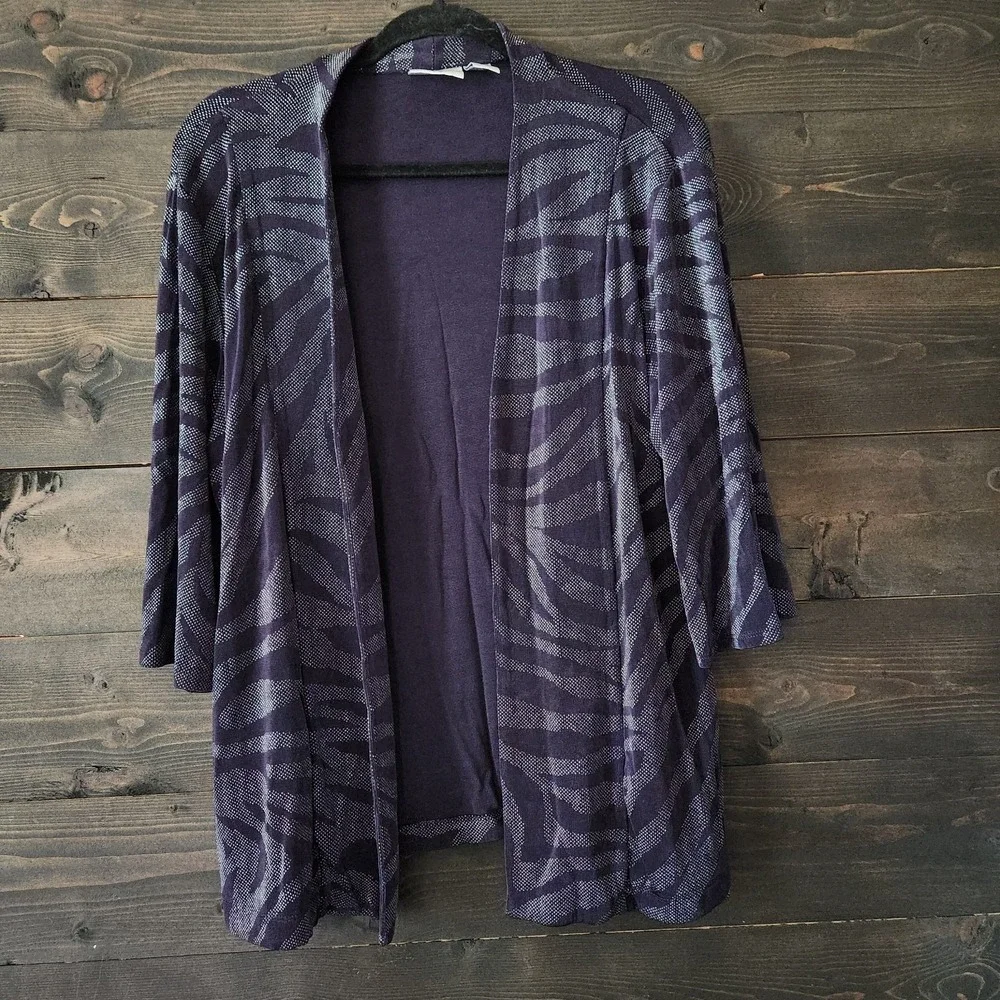 Chicos Travelers Slinky Cardigan Top sz 2 Large 12 purple silver‎ 3/4 sleeve